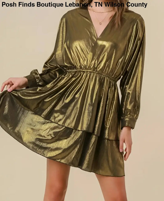 V Neck Metallic Dress with Tiered Details Gold - Posh Finds