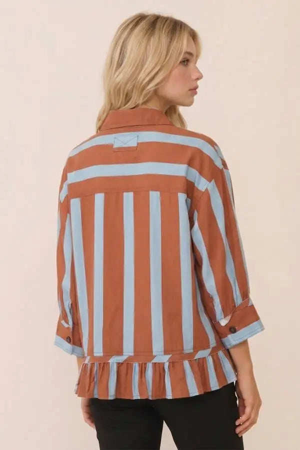 VERTICAL STRIPE SHIRT WITH BUTTON FRONT: BROWN COMBO / S