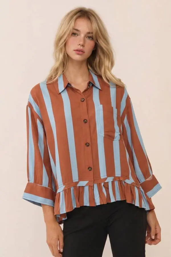 VERTICAL STRIPE SHIRT WITH BUTTON FRONT: BROWN COMBO / S