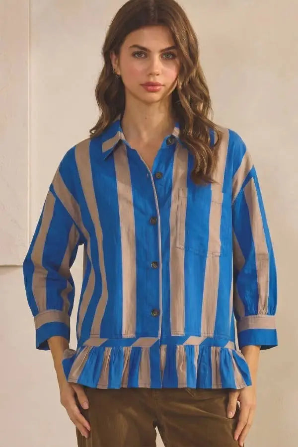 VERTICAL STRIPE SHIRT WITH BUTTON FRONT: BROWN COMBO / S