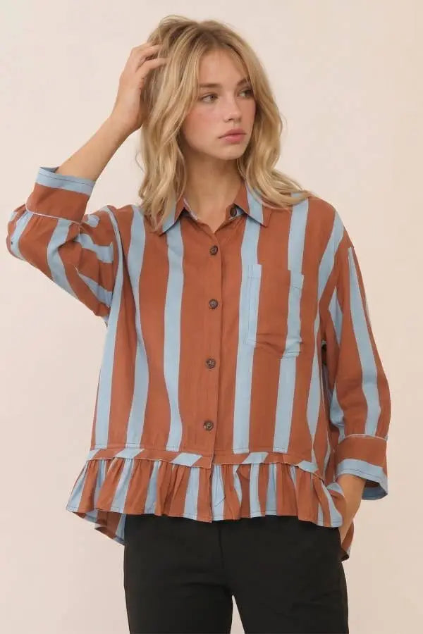 VERTICAL STRIPE SHIRT WITH BUTTON FRONT: BROWN COMBO / S