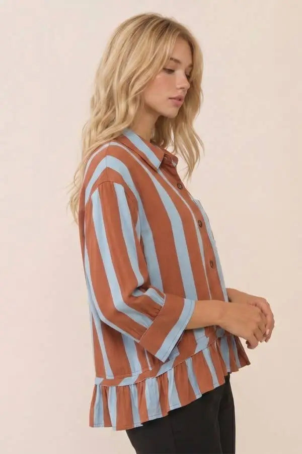 VERTICAL STRIPE SHIRT WITH BUTTON FRONT: BROWN COMBO / S