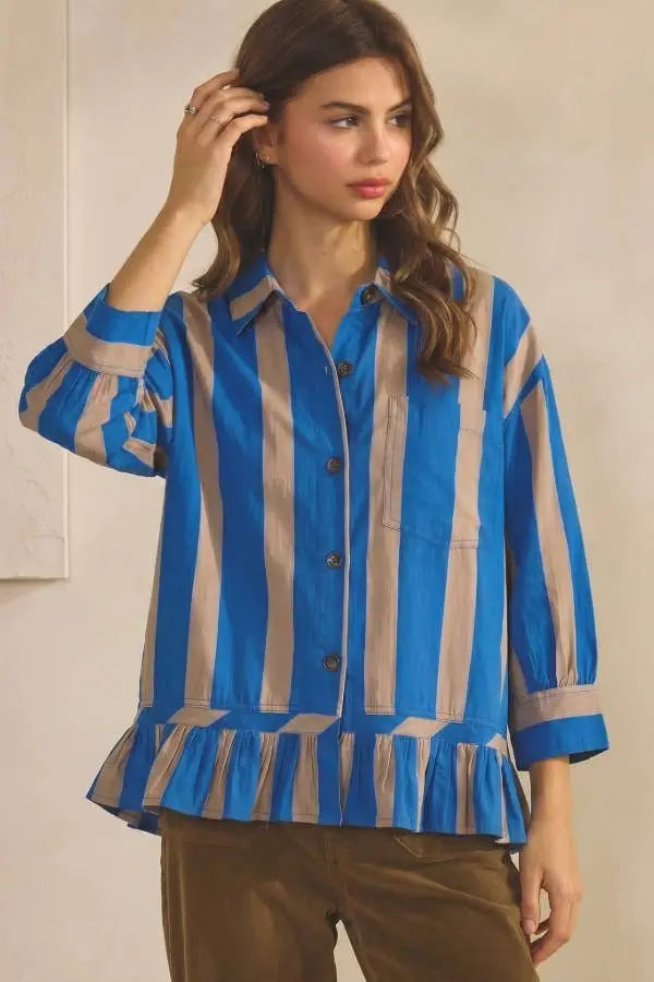 VERTICAL STRIPE SHIRT WITH BUTTON FRONT: BROWN COMBO / S
