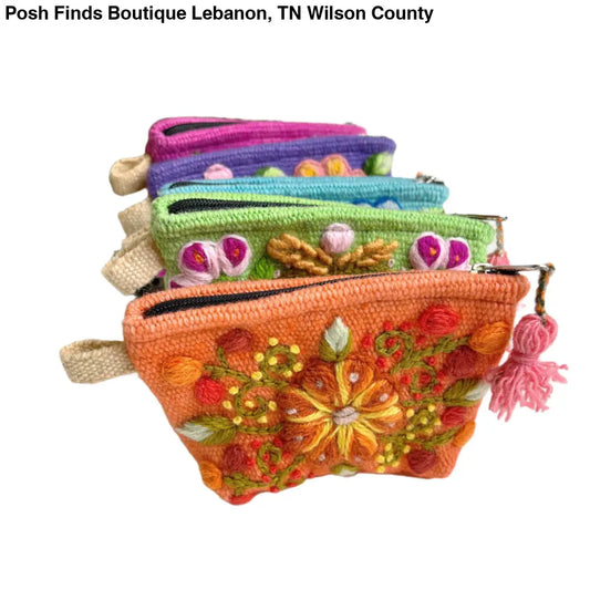 Victoria Hand embroidered Small Pouch: Blue or Pink - Posh Finds