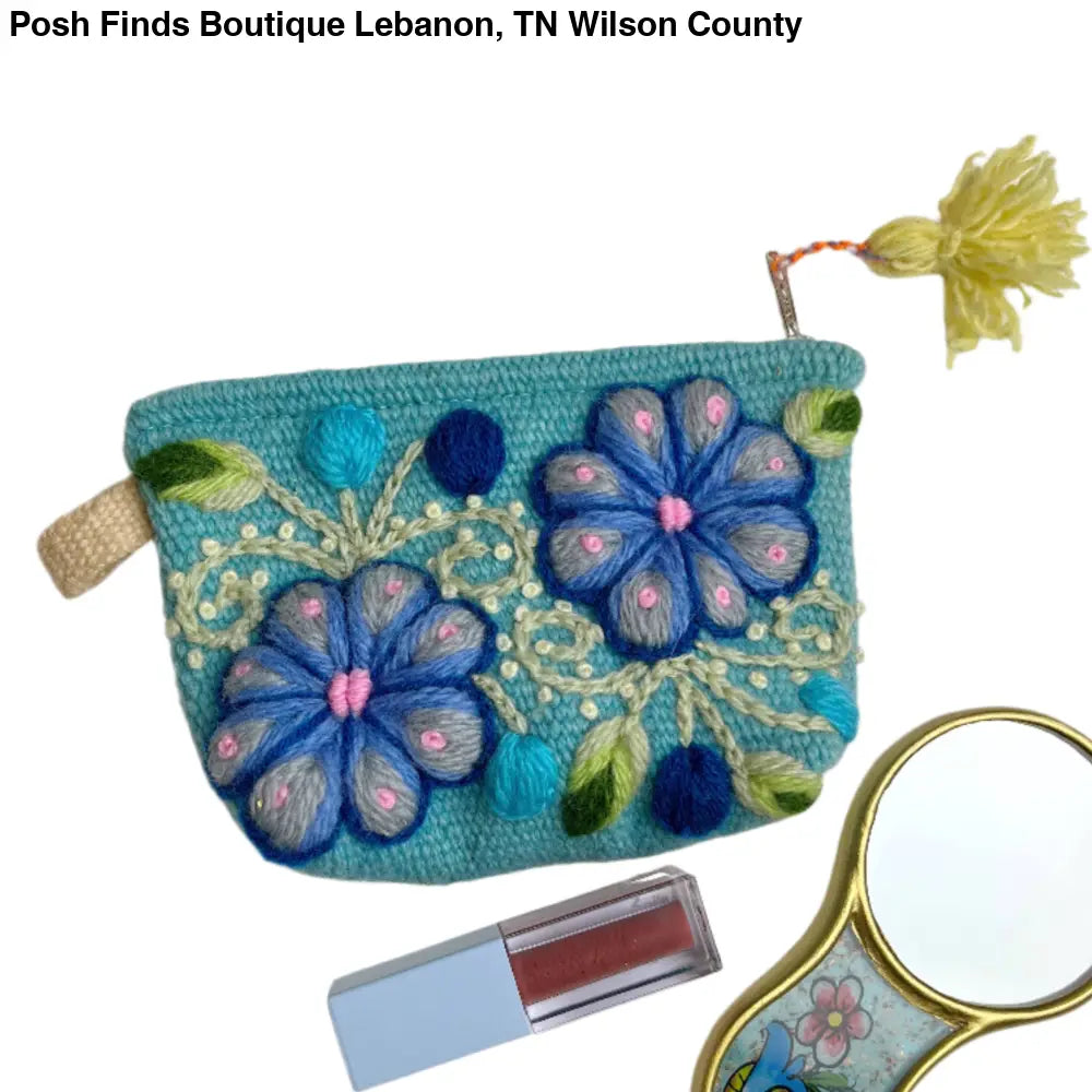 Victoria Hand embroidered Small Pouch: Blue or Pink - Posh Finds