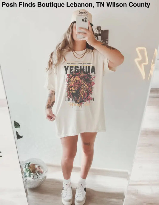 Vintage Lion of Judah Names of God Christian T-shirt Sand - Women > Tops