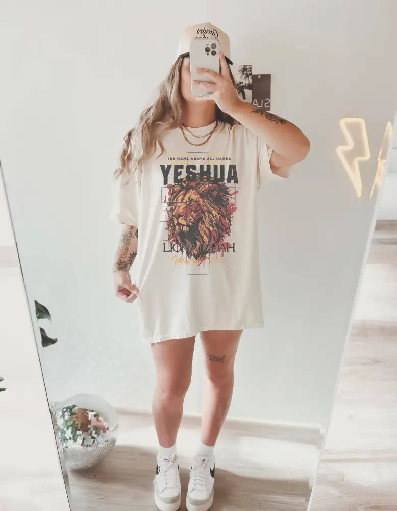 Vintage Lion of Judah Names of God Christian T-shirt Sand - Women > Tops