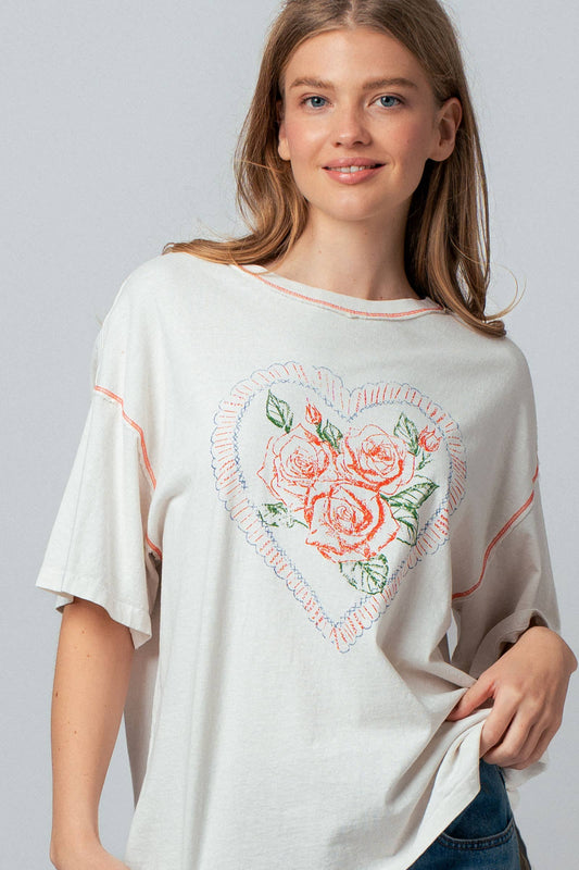 Vintage Rose Heart Floral Oversized Graphic Tee: IVORY - Posh Finds