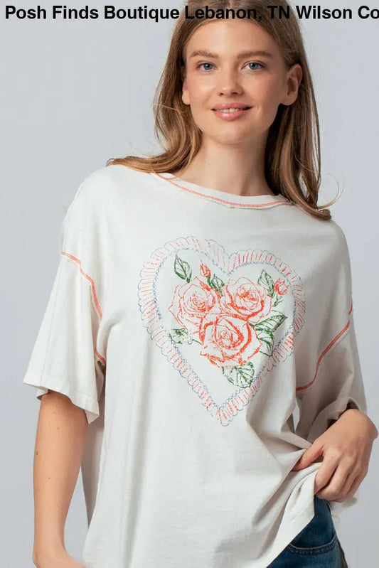 Vintage Rose Heart Floral Oversized Graphic Tee: IVORY - Posh Finds