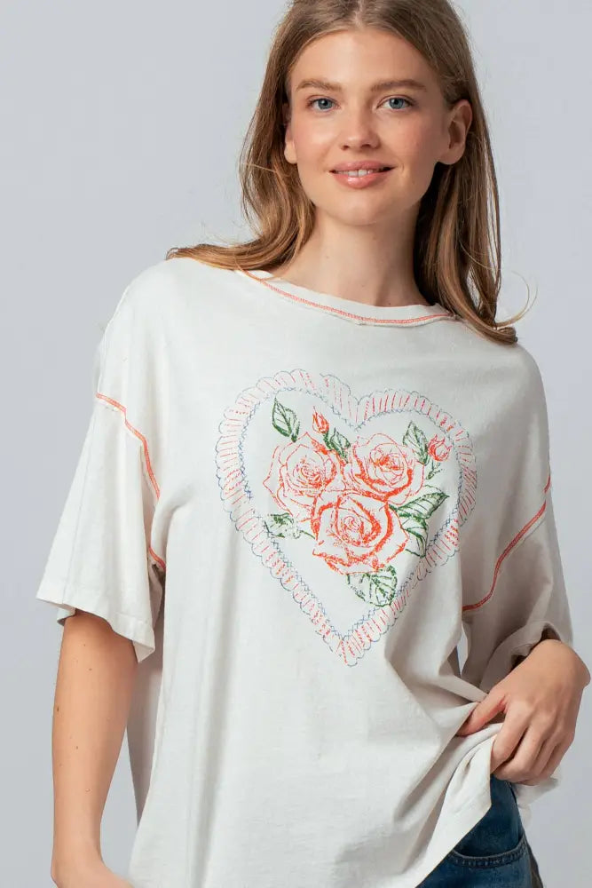 Vintage Rose Heart Floral Oversized Graphic Tee: IVORY - Posh Finds