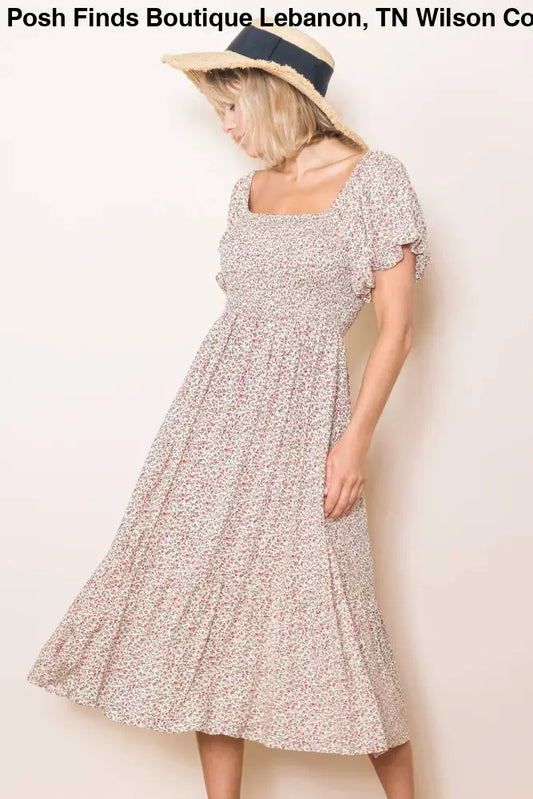 Vintage Tiny Floral Flattering Midi Dress: Cream - Posh Finds