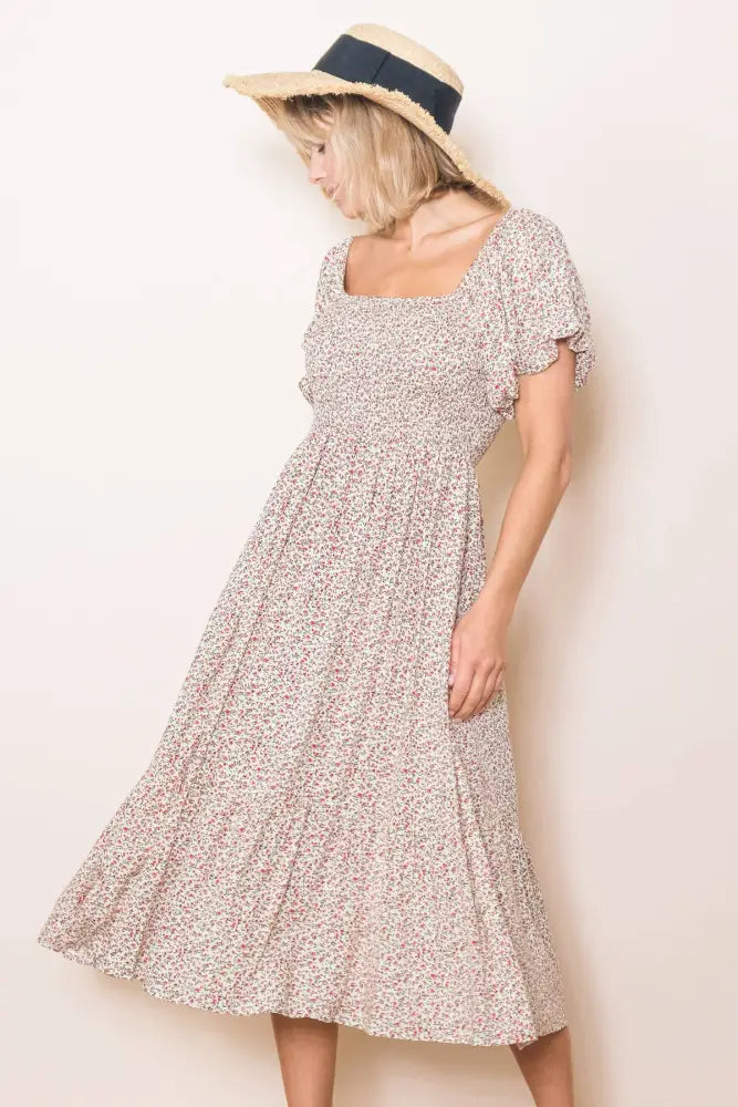 Vintage Tiny Floral Flattering Midi Dress: Cream - Posh Finds