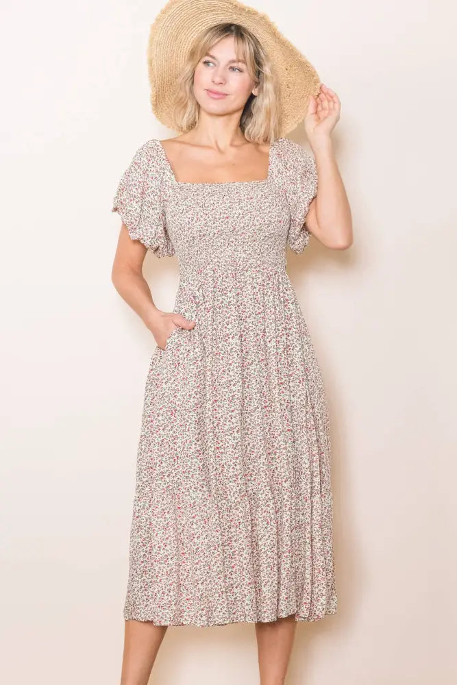 Vintage Tiny Floral Flattering Midi Dress: Cream - Posh Finds