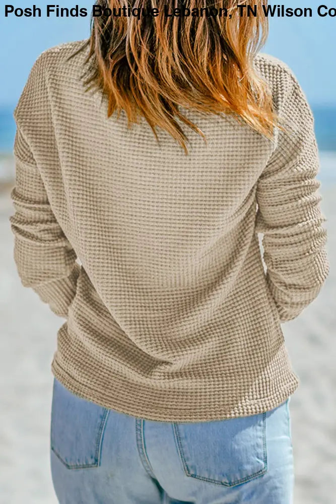Waffle Knit Drop Shoulder Long Sleeve Top: Green - Posh Finds