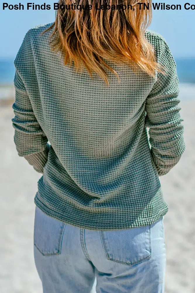 Waffle Knit Drop Shoulder Long Sleeve Top: Green - Posh Finds
