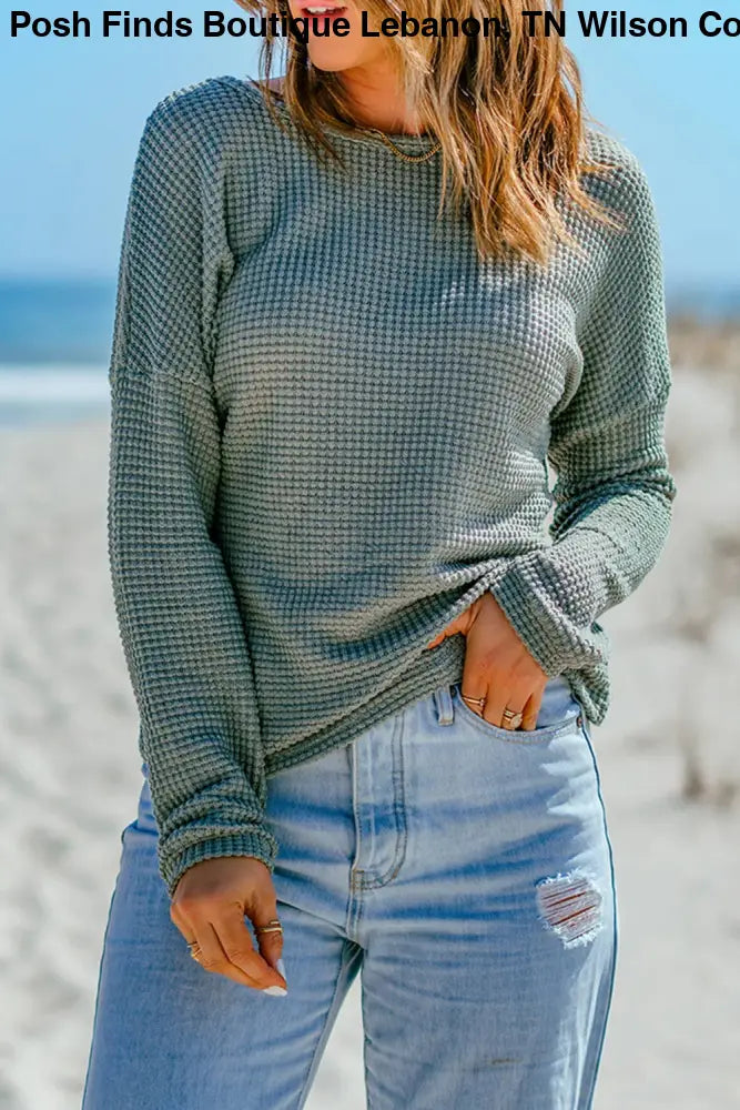 Waffle Knit Drop Shoulder Long Sleeve Top: Green - Posh Finds