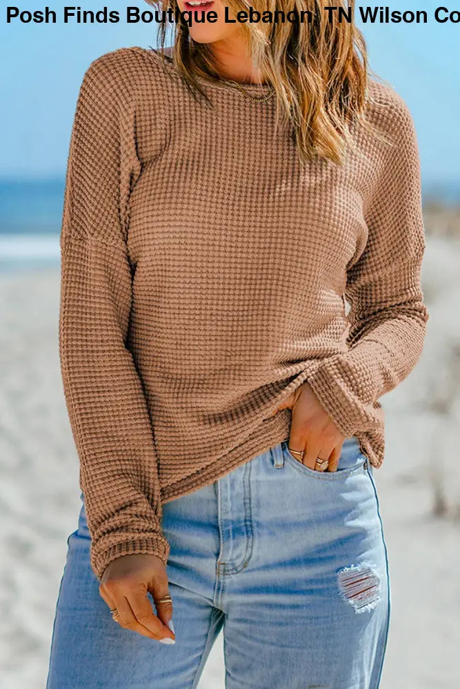Waffle Knit Drop Shoulder Long Sleeve Top: Green - Posh Finds