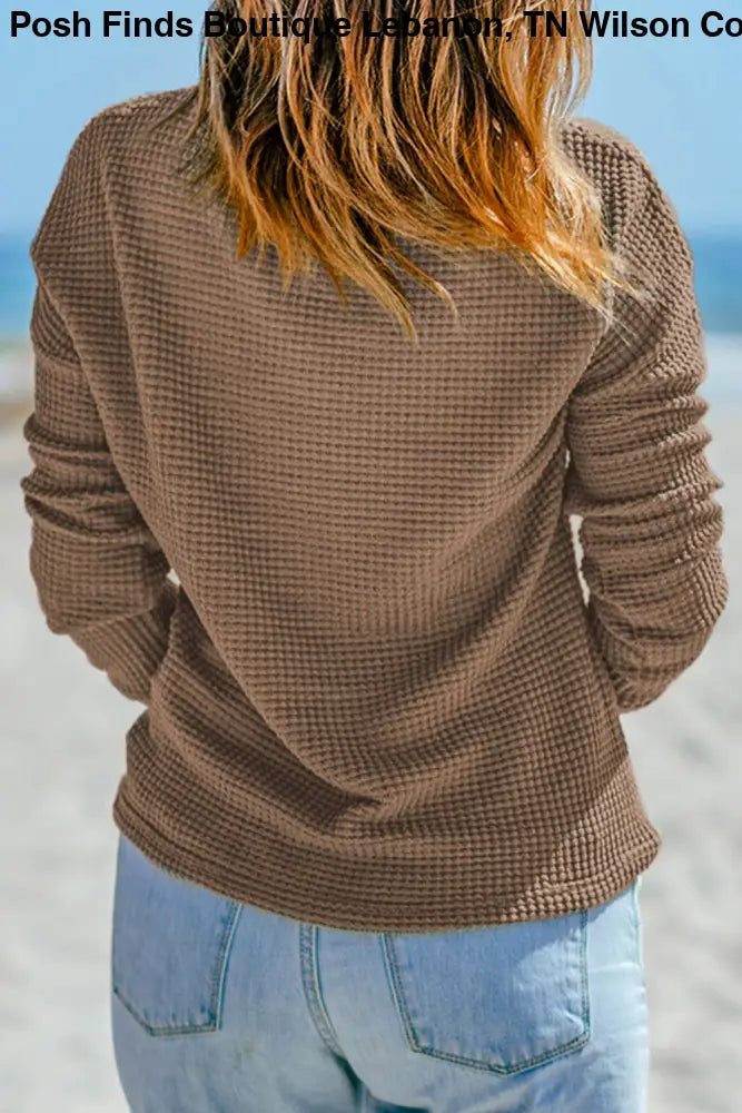 Waffle Knit Drop Shoulder Long Sleeve Top: Green - Posh Finds