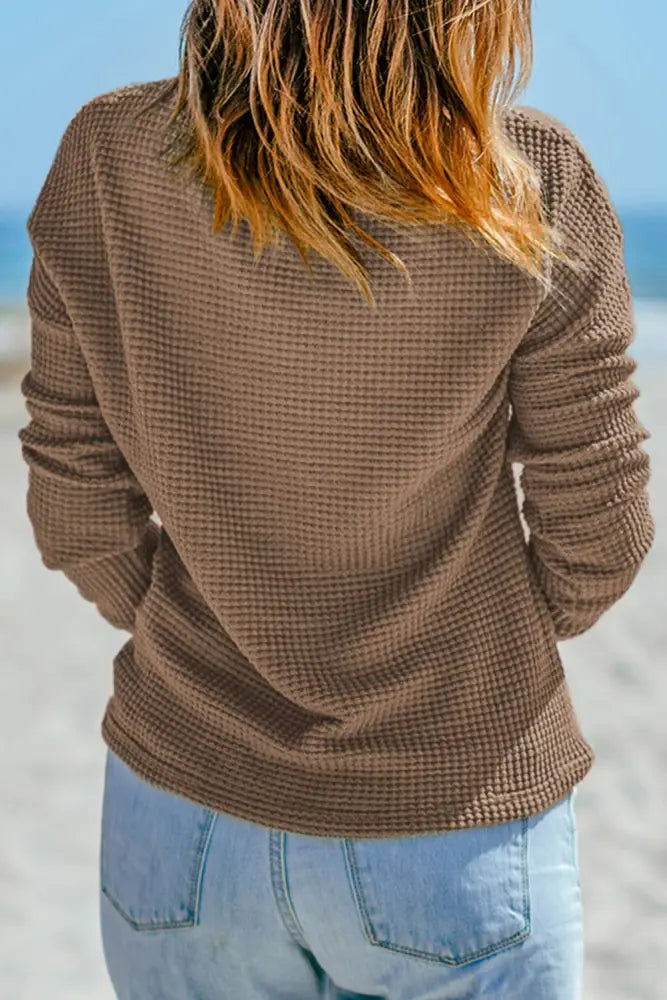 Waffle Knit Drop Shoulder Long Sleeve Top: Green - Posh Finds