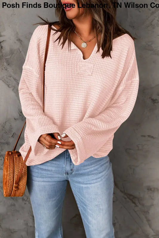 Waffle Knit Loose Long Sleeve Top: Apricot Pink - Posh Finds