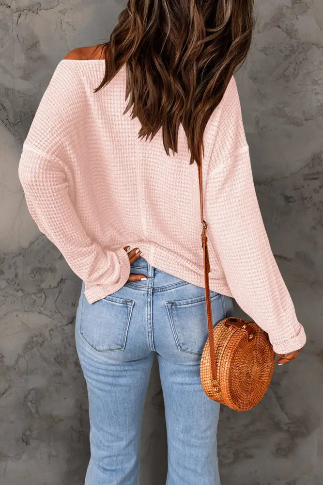 Waffle Knit Loose Long Sleeve Top: Apricot Pink - Posh Finds