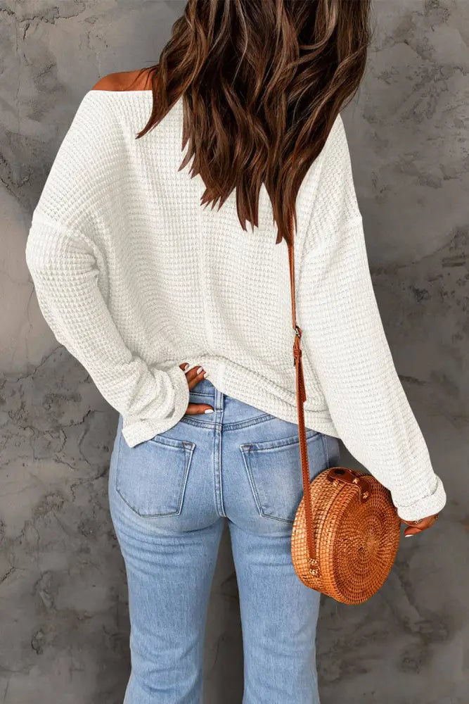 Waffle Knit Loose Long Sleeve Top: Apricot Pink - Posh Finds