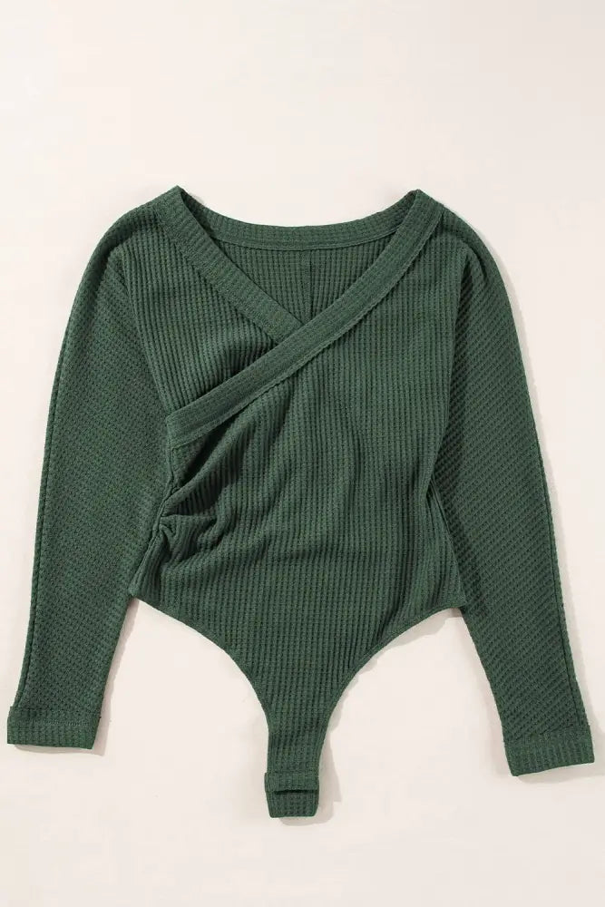 Waffle Knit Slim Fit Wrap V Neck Bodysuit: Blackish Green - Posh Finds