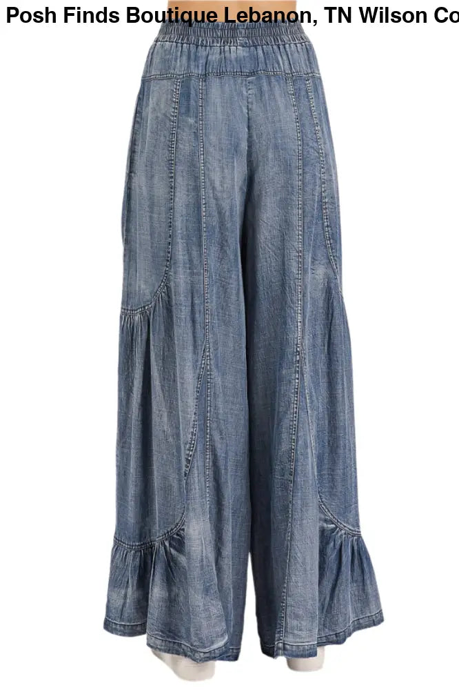 WASHED CHAMBRAY TIER DETAIL WIDE LEG PANTS: DENIM - Posh Finds