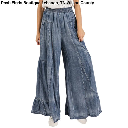 WASHED CHAMBRAY TIER DETAIL WIDE LEG PANTS: DENIM - Posh Finds