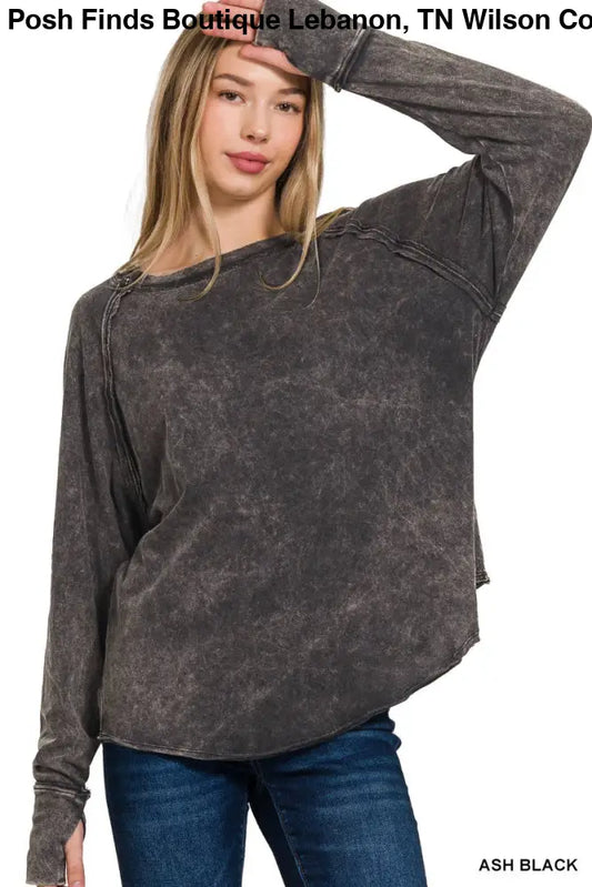 Washed Thumb Hole Cuffs Scoop-neck Long Sleeve Top: ASH BLACK - Posh Finds