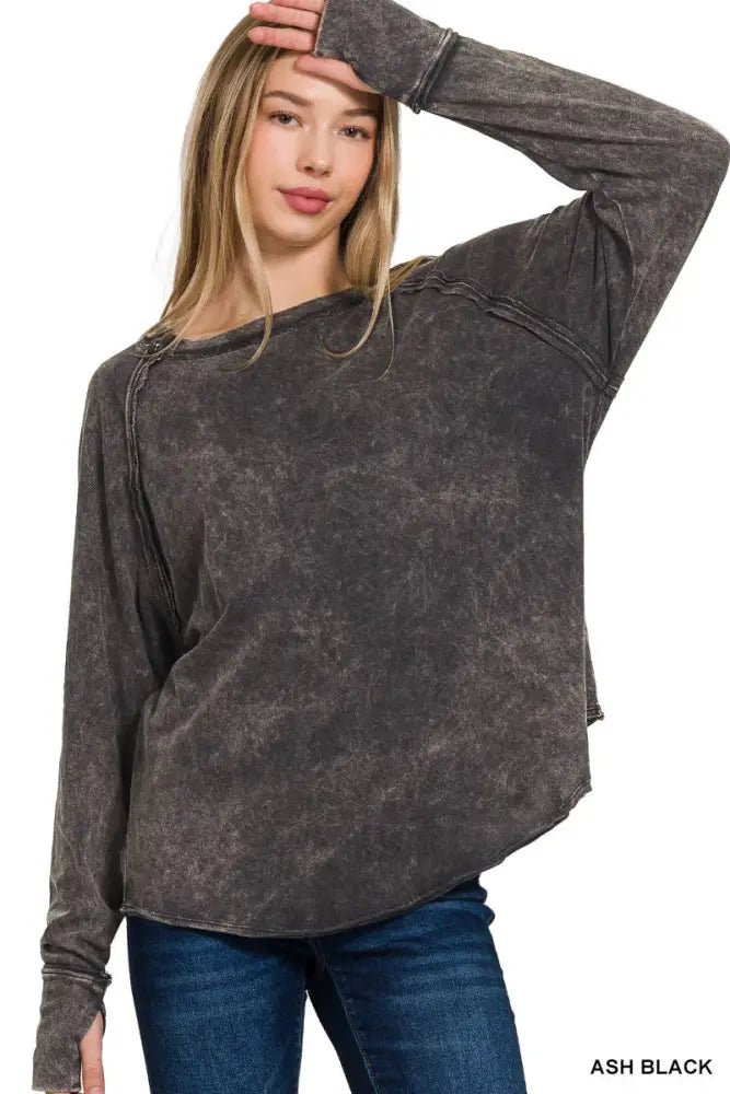 Washed Thumb Hole Cuffs Scoop-neck Long Sleeve Top: ASH BLACK - Posh Finds