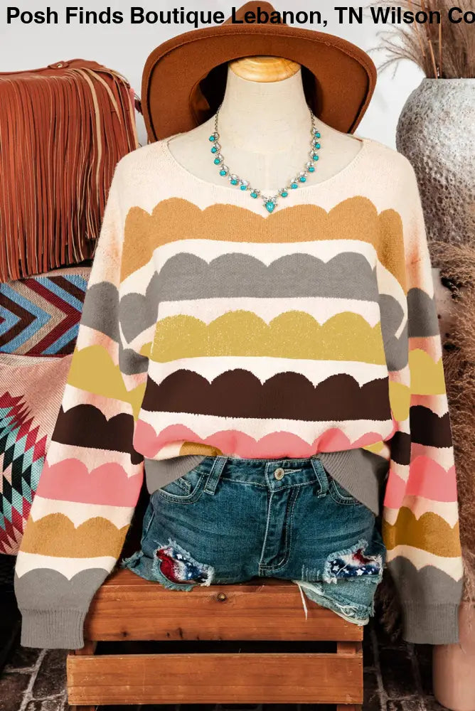 Wave Stripe Balloon Sleeve Drop Shoulder Sweater - Posh Finds