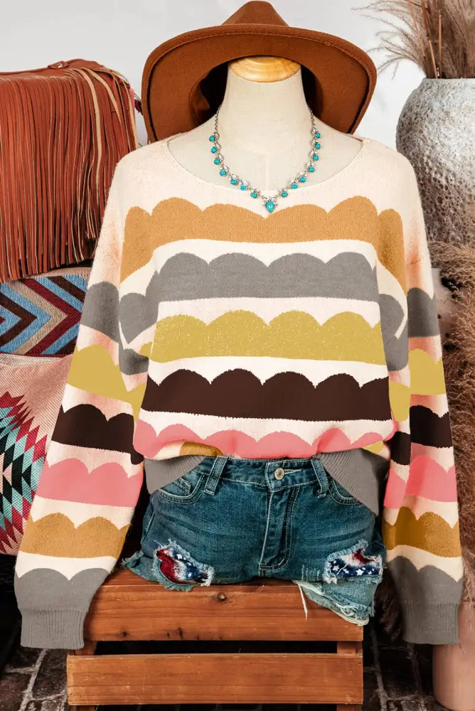 Wave Stripe Balloon Sleeve Drop Shoulder Sweater - Posh Finds