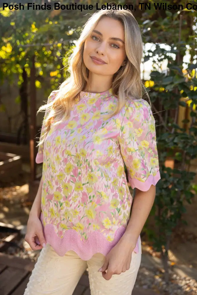 Wavy Trim Detailed Floral Jacquard Top: Pink - Posh Finds