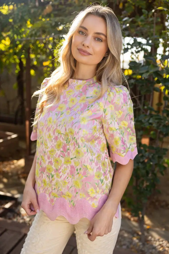Wavy Trim Detailed Floral Jacquard Top: Pink - Posh Finds