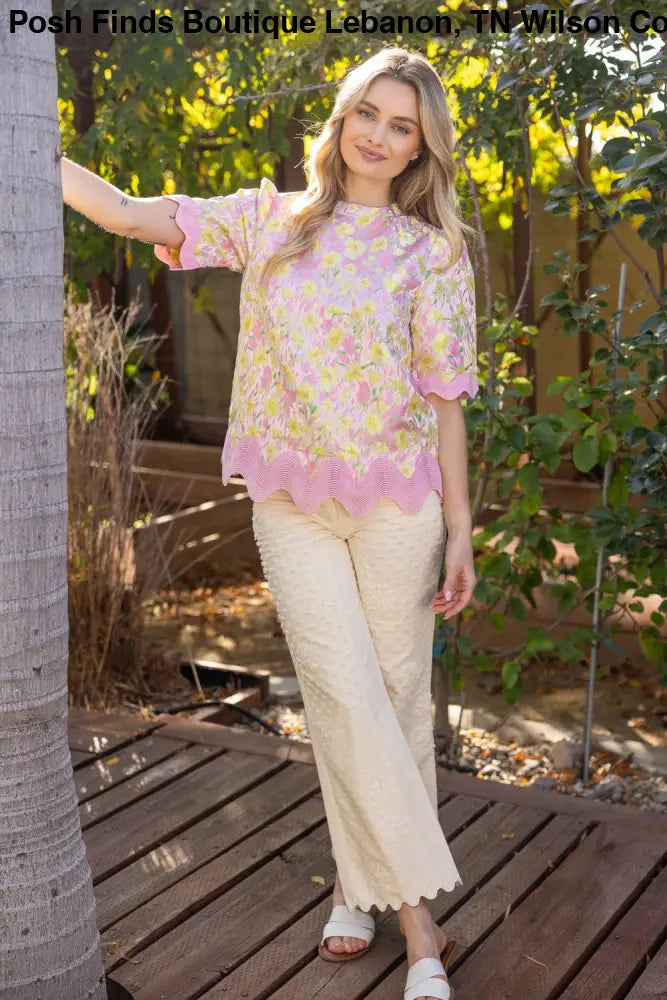 Wavy Trim Detailed Floral Jacquard Top: Pink - Posh Finds