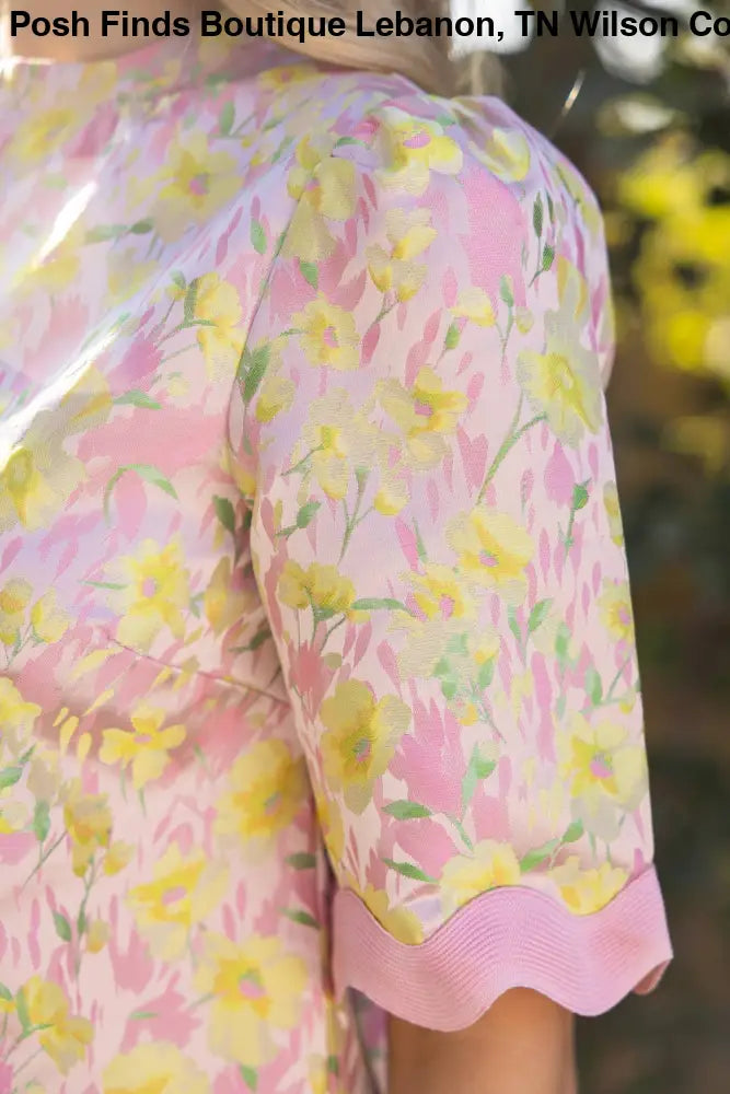 Wavy Trim Detailed Floral Jacquard Top: Pink - Posh Finds