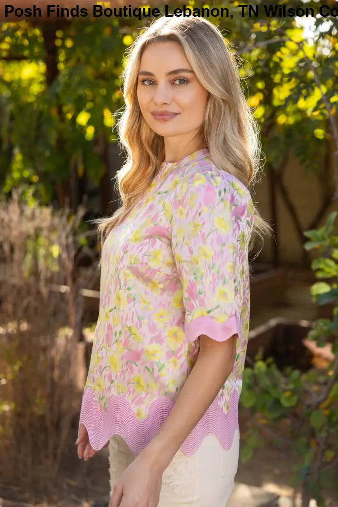 Wavy Trim Detailed Floral Jacquard Top: Pink - Posh Finds