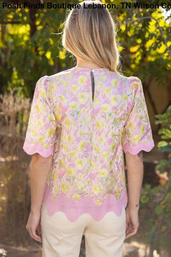 Wavy Trim Detailed Floral Jacquard Top: Pink - Posh Finds