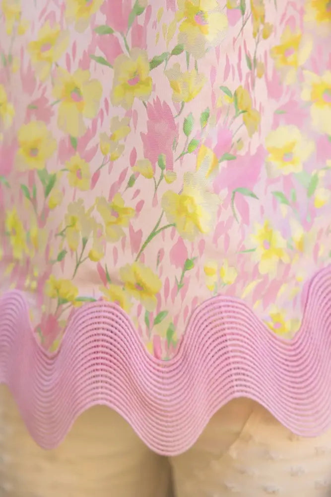 Wavy Trim Detailed Floral Jacquard Top: Pink - Posh Finds