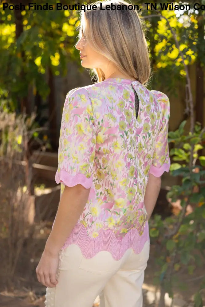 Wavy Trim Detailed Floral Jacquard Top: Pink - Posh Finds