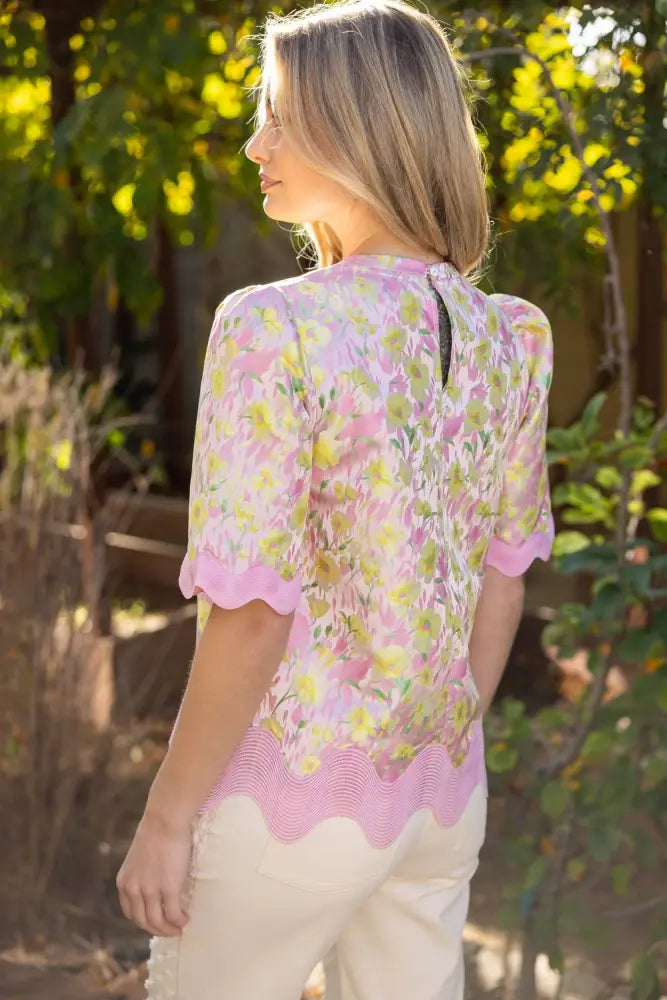 Wavy Trim Detailed Floral Jacquard Top: Pink - Posh Finds