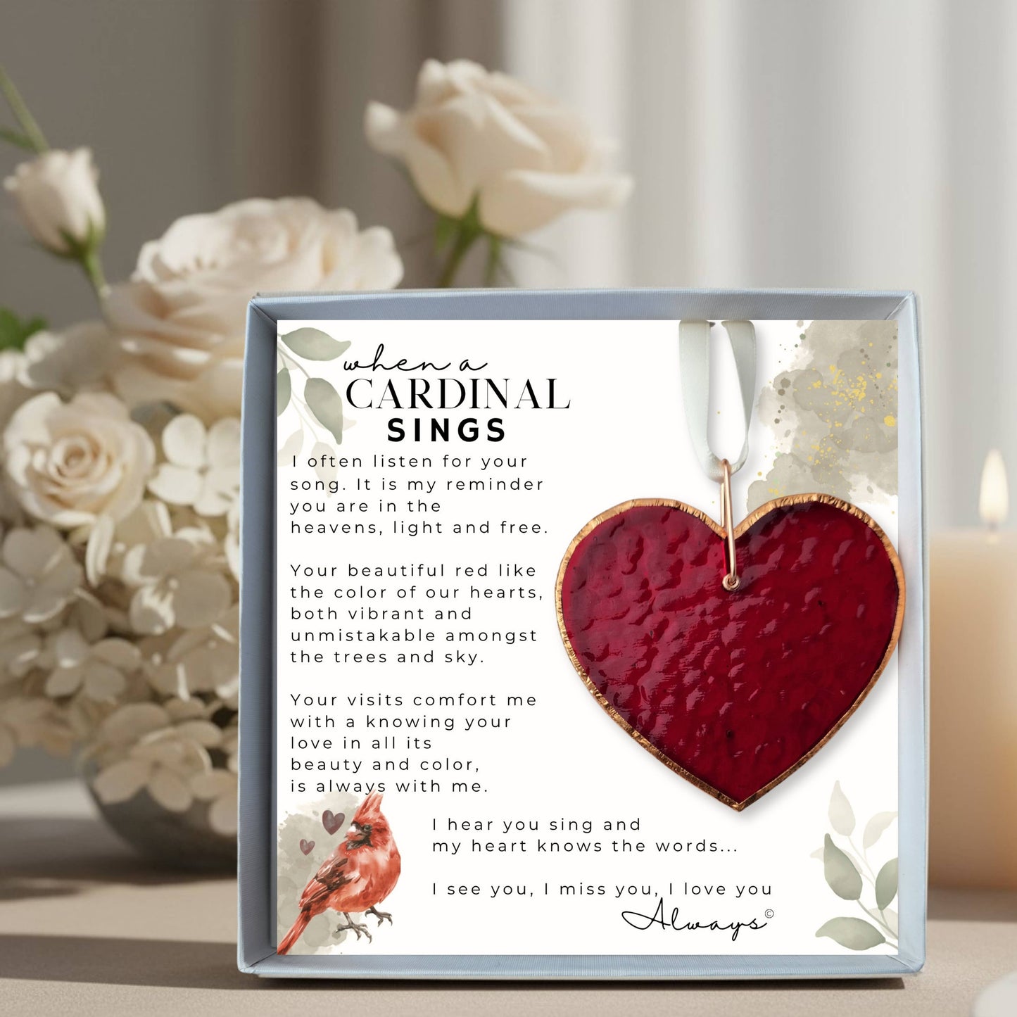 When A Cardinal Sings Memorial Stained Red Glass Heart - Gifts