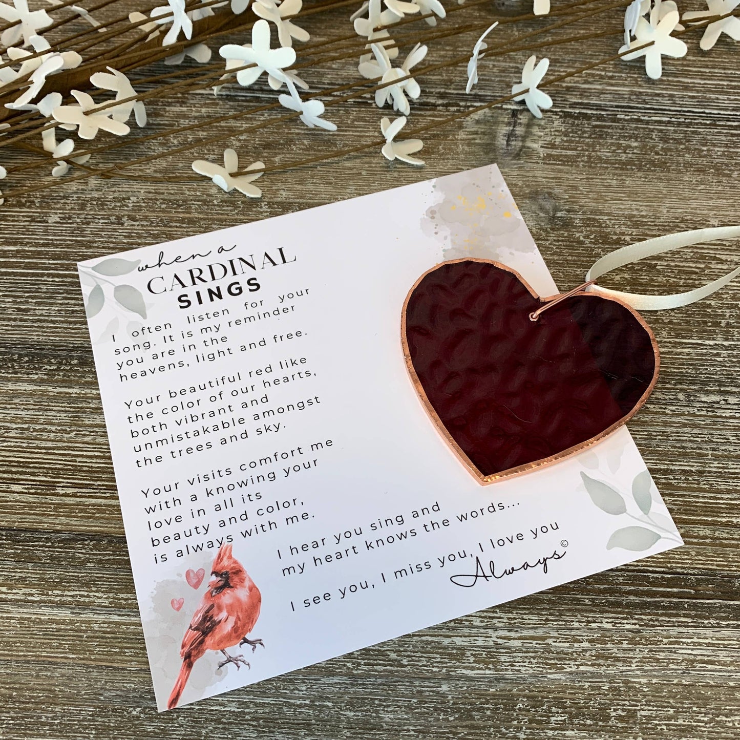When A Cardinal Sings Memorial Stained Red Glass Heart - Gifts
