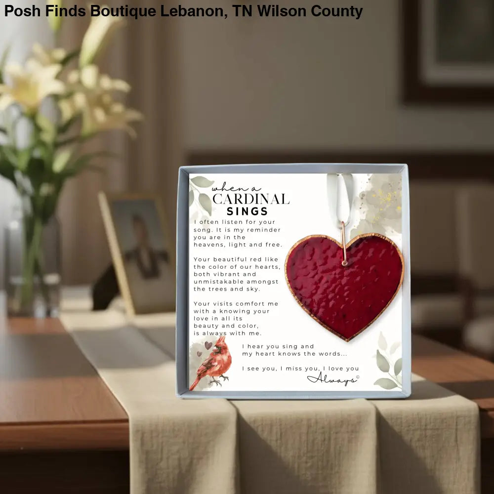 When A Cardinal Sings Memorial Stained Red Glass Heart - Gifts