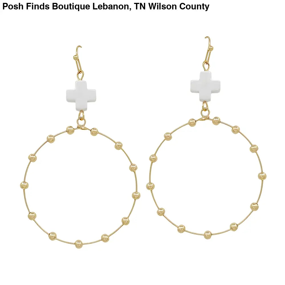 White Cross Shape with Gold Beaded Open Circle Drop 2" Earring - Posh Finds
