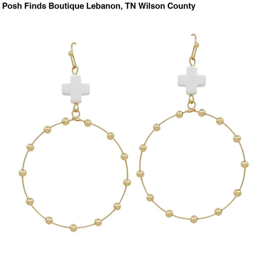 White Cross Shape with Gold Beaded Open Circle Drop 2" Earring - Posh Finds