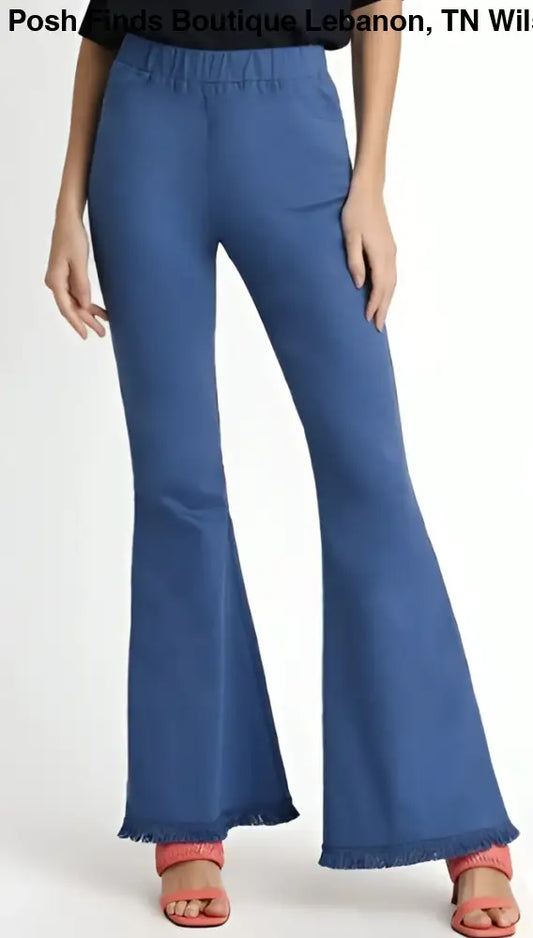 Wide Flare Pull On Stretch Pants with Frayed Hem Denim Blue - Posh Finds