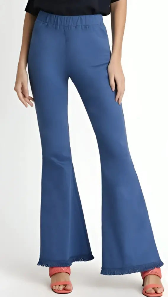 Wide Flare Pull On Stretch Pants with Frayed Hem Denim Blue - Posh Finds