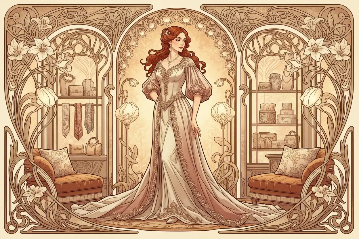 A woman in an elegant, cream-colored gown with intricate gold embroidery and puffed sleeves stands gracefully within a decorative art nouveau archway.